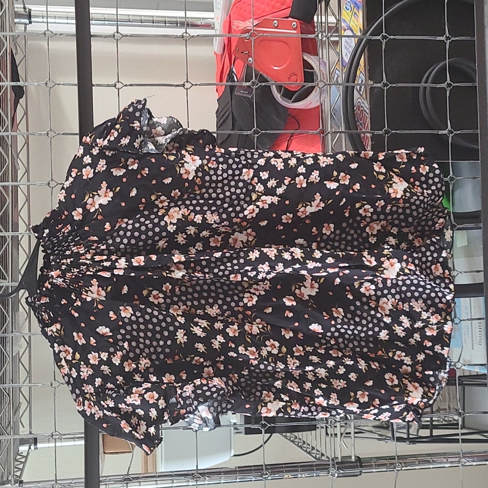 Black, White Polka Dot/Floral Blouse